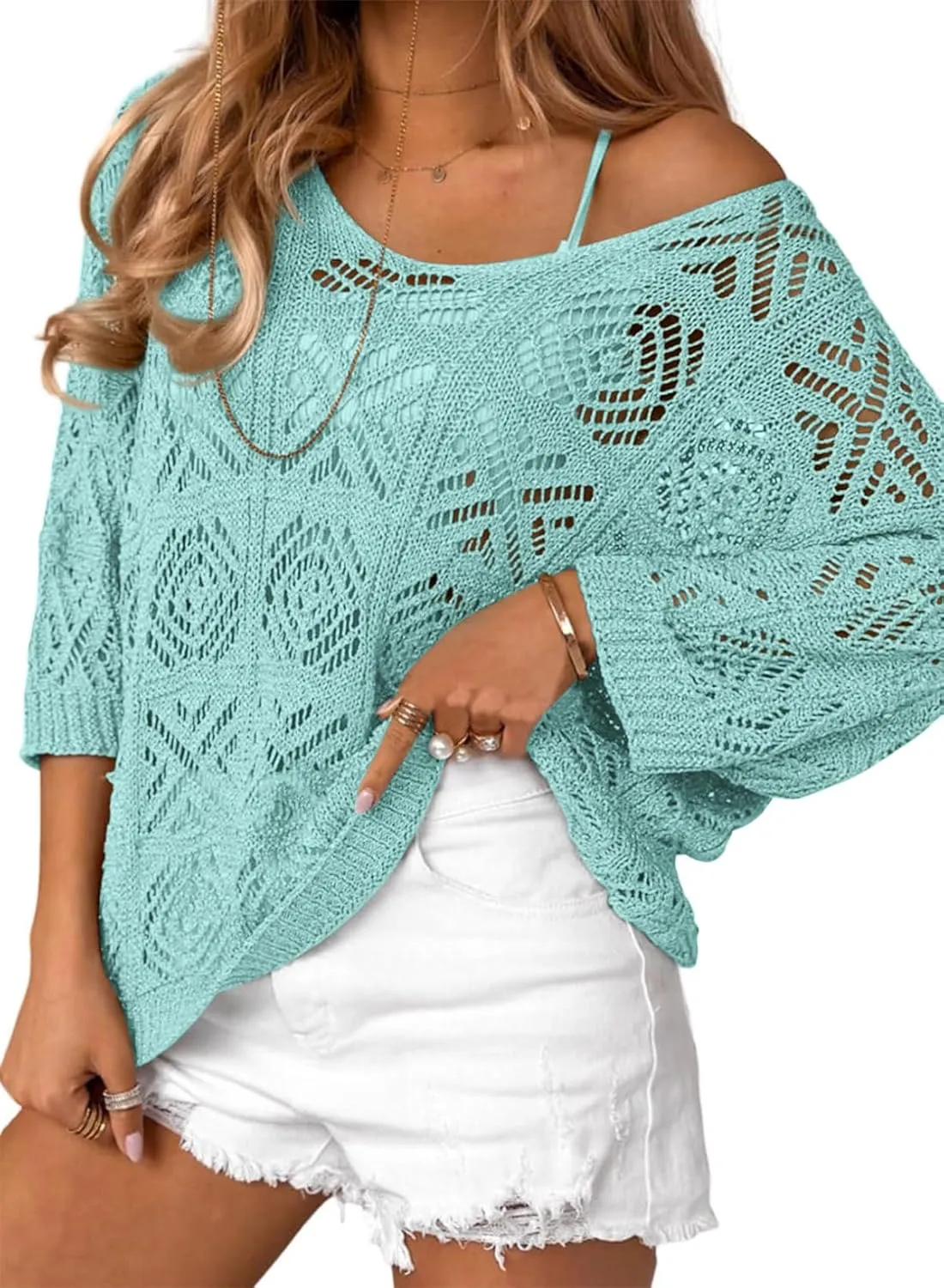 ATHMILE Women's 2025 Spring Summer Crochet Hollow Out 3/4 Sleeve Pullover Sweater Off Shoulder T-Shirts