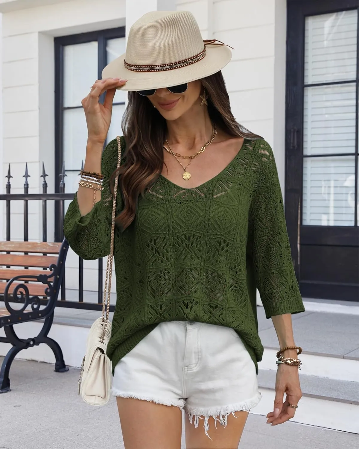 ATHMILE Women's 2025 Spring Summer Crochet Hollow Out 3/4 Sleeve Pullover Sweater Off Shoulder T-Shirts