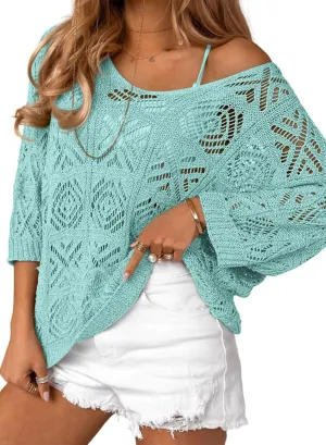 ATHMILE Women's 2025 Spring Summer Crochet Hollow Out 3/4 Sleeve Pullover Sweater Off Shoulder T-Shirts