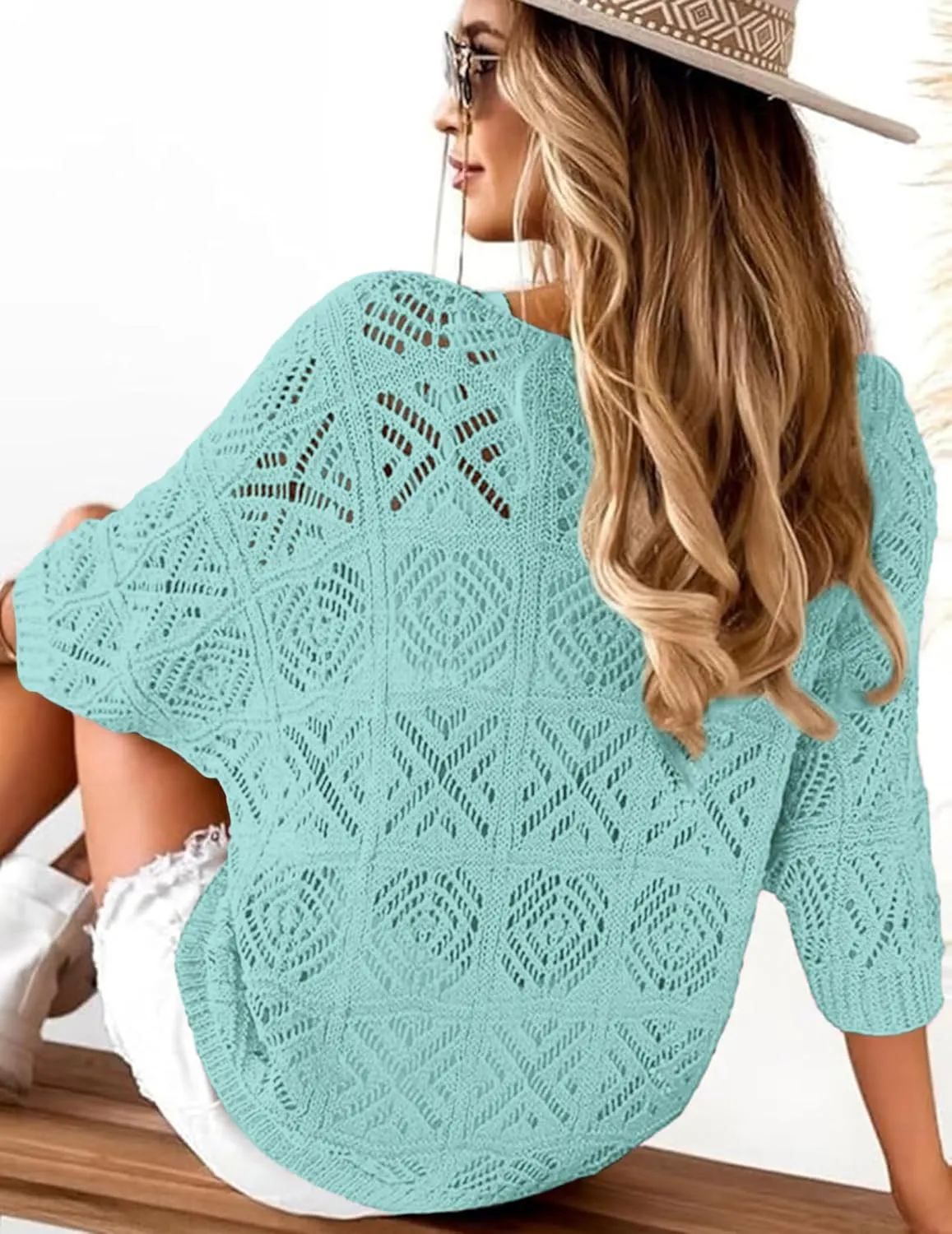 ATHMILE Women's 2025 Spring Summer Crochet Hollow Out 3/4 Sleeve Pullover Sweater Off Shoulder T-Shirts