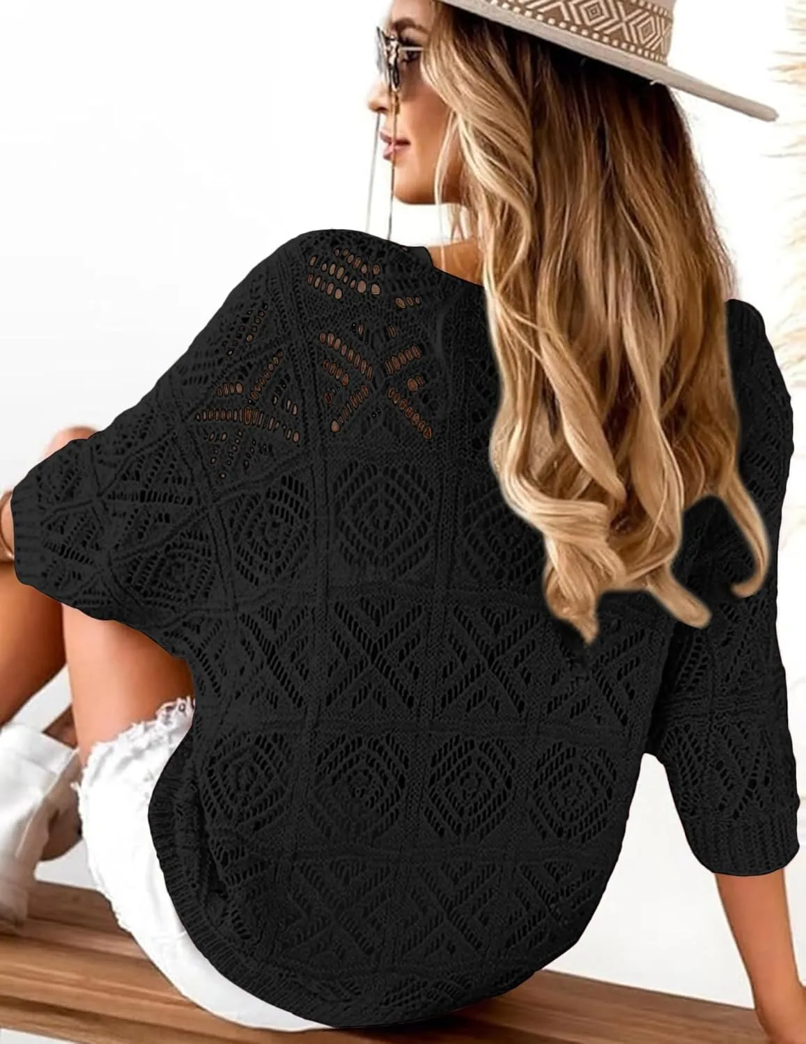 ATHMILE Women's 2025 Spring Summer Crochet Hollow Out 3/4 Sleeve Pullover Sweater Off Shoulder T-Shirts