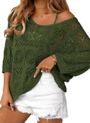 ATHMILE Women's 2025 Spring Summer Crochet Hollow Out 3/4 Sleeve Pullover Sweater Off Shoulder T-Shirts