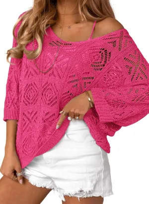 ATHMILE Women's 2025 Spring Summer Crochet Hollow Out 3/4 Sleeve Pullover Sweater Off Shoulder T-Shirts