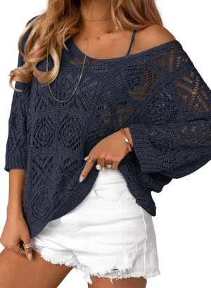 ATHMILE Women's 2025 Spring Summer Crochet Hollow Out 3/4 Sleeve Pullover Sweater Off Shoulder T-Shirts