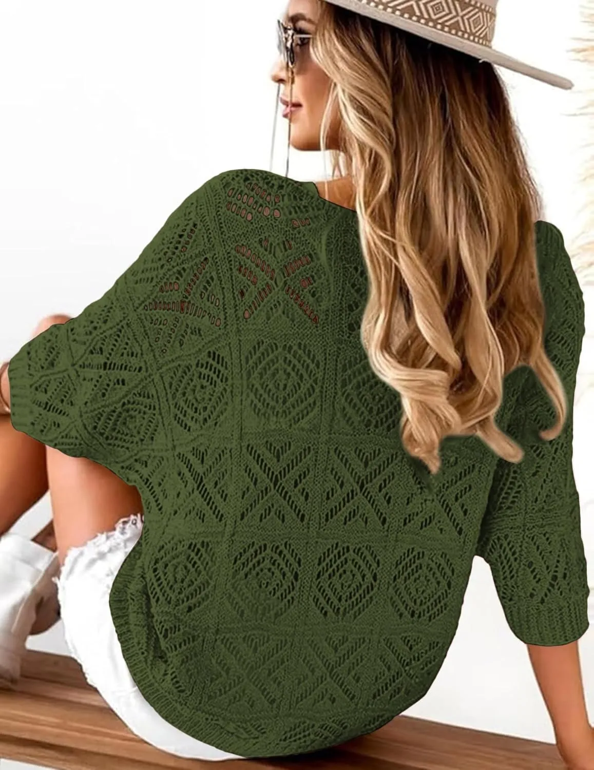 ATHMILE Women's 2025 Spring Summer Crochet Hollow Out 3/4 Sleeve Pullover Sweater Off Shoulder T-Shirts