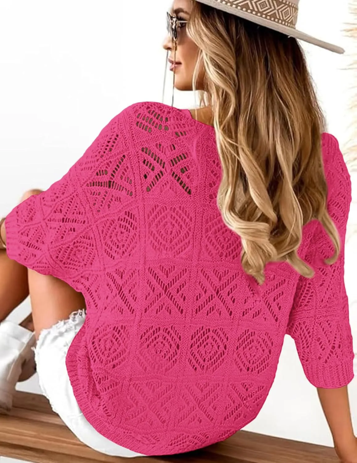 ATHMILE Women's 2025 Spring Summer Crochet Hollow Out 3/4 Sleeve Pullover Sweater Off Shoulder T-Shirts