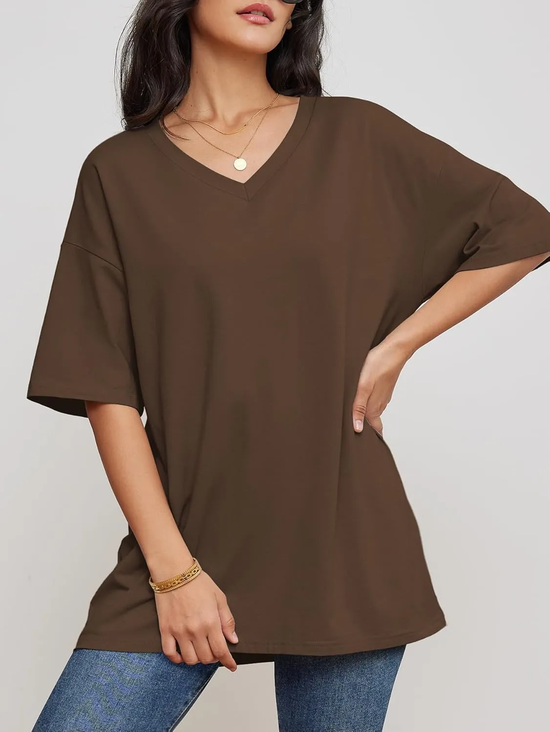 ATHMILE Womens Summer Oversized Shirts V Neck Business Casual Workout Tops Beach Vacation 2025 Gym Clothes