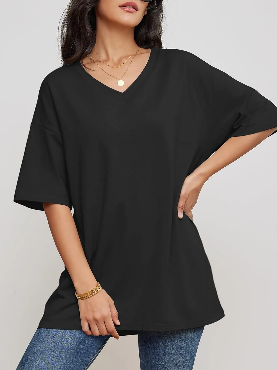 ATHMILE Womens Summer Oversized Shirts V Neck Business Casual Workout Tops Beach Vacation 2025 Gym Clothes
