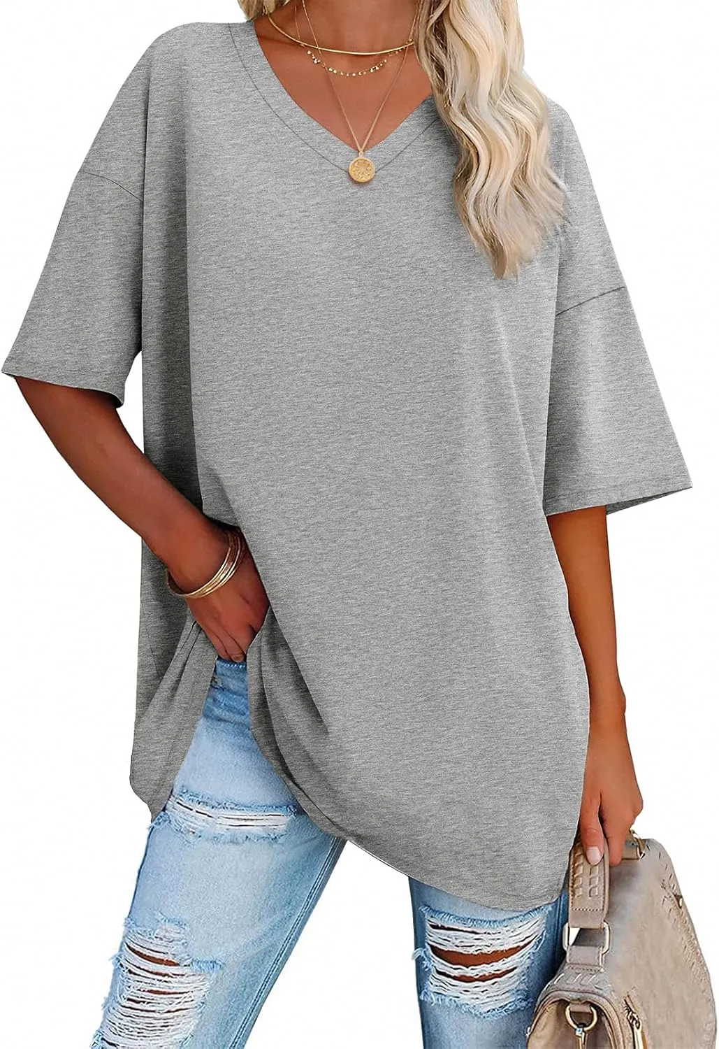 ATHMILE Womens Summer Oversized Shirts V Neck Business Casual Workout Tops Beach Vacation 2025 Gym Clothes