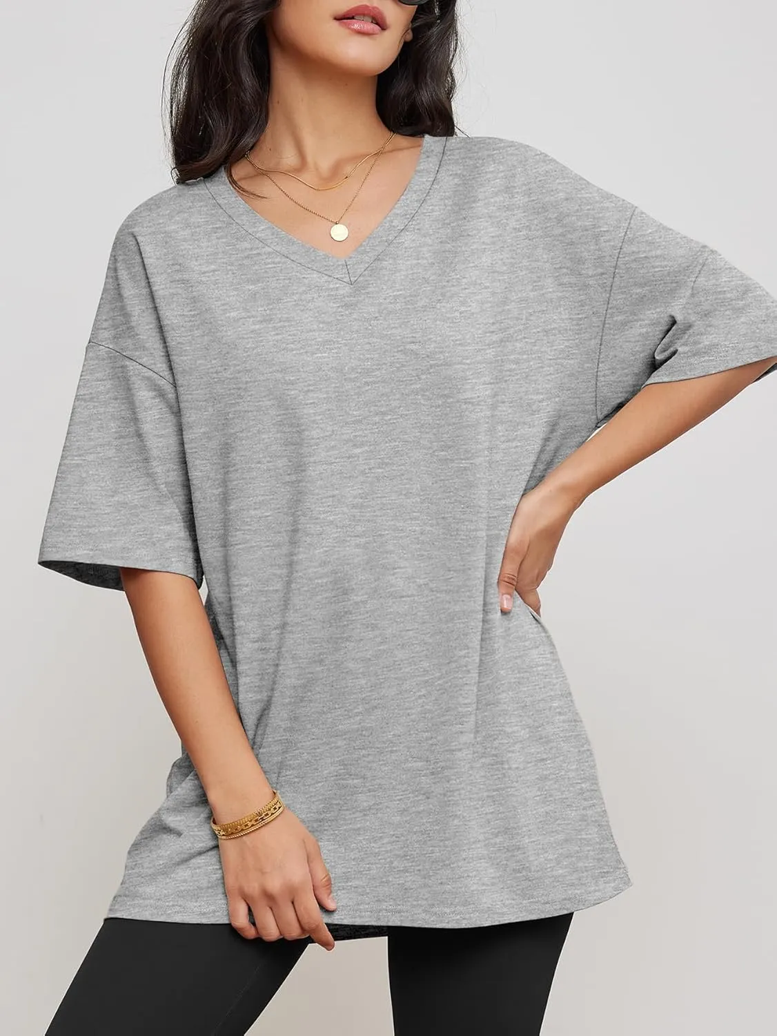 ATHMILE Womens Summer Oversized Shirts V Neck Business Casual Workout Tops Beach Vacation 2025 Gym Clothes