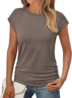 AUTOMET Womens Casual Summer Tops Dressy Cap Sleeve Spring T Shirts Ruched Business Fashion Trendy Clothes Outfits 2025