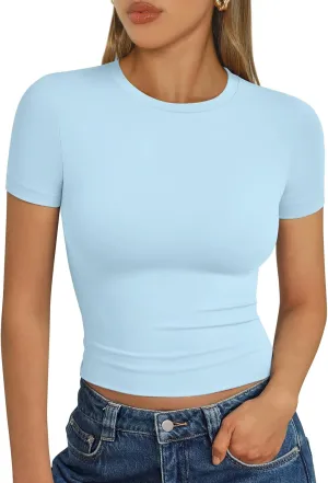 AUTOMET Womens Short Sleeve T Shirts Basic Summer 2025 Workout Tops Crew Neck Gym Crop Tops Trendy Y2K Clothes
