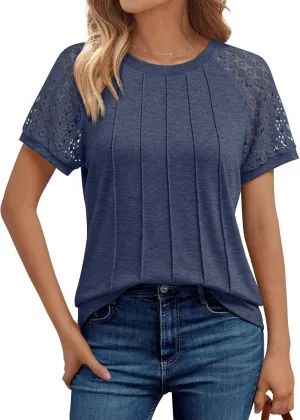 AUTOMET Womens T Shirts Lace Tops Fashion Short Sleeve Trendy Business Casual Dressy Knitted Summer Clothes 2025