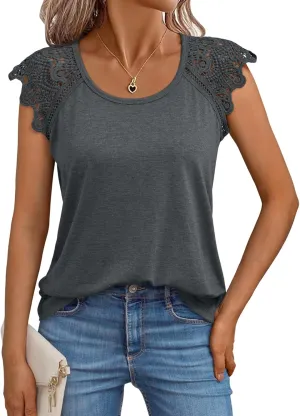 AUTOMET Womens Tops Casual Dressy Lace Summer Tee 2025 Cap Sleeve T Shirts Cute Basic Trendy Fashion Spring Outfits