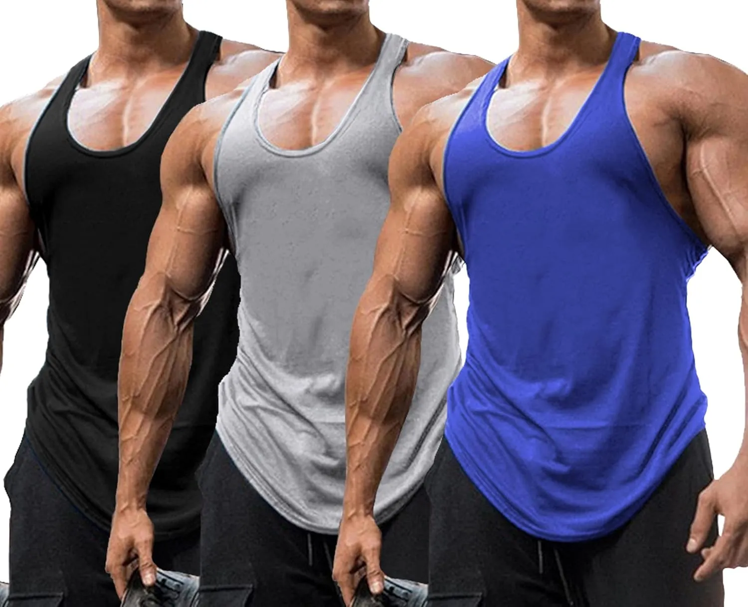 Babioboa Men's 3 Pack Gym Workout Tank Tops Y-Back Muscle Tee Stringer Bodybuilding Sleeveless T-Shirts