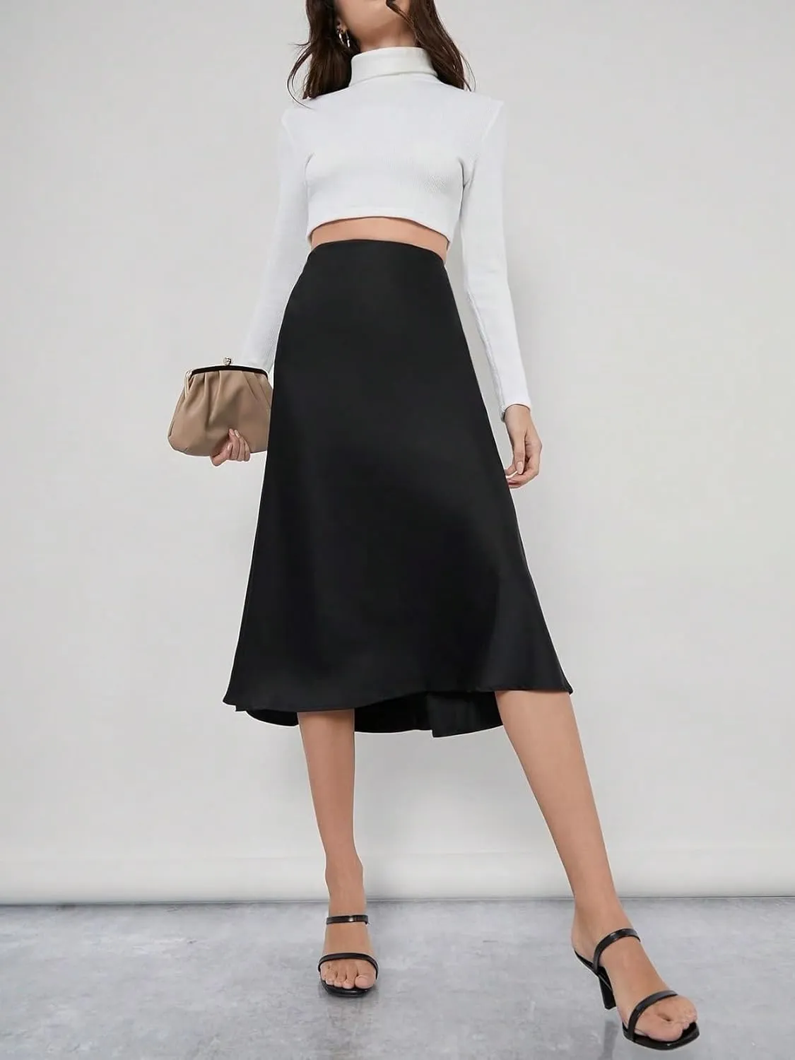 Beach Causal Women's Skirt Solid Work Skirt with Zipper Elegant Zipper Midi High Waist
