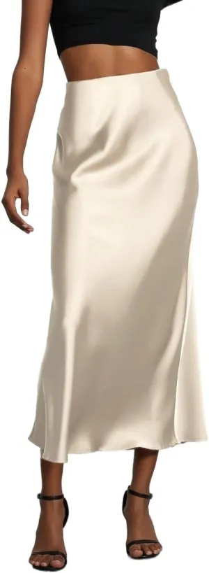 Beach Causal Women's Skirt Women's Elastic Satin Midi Skirt