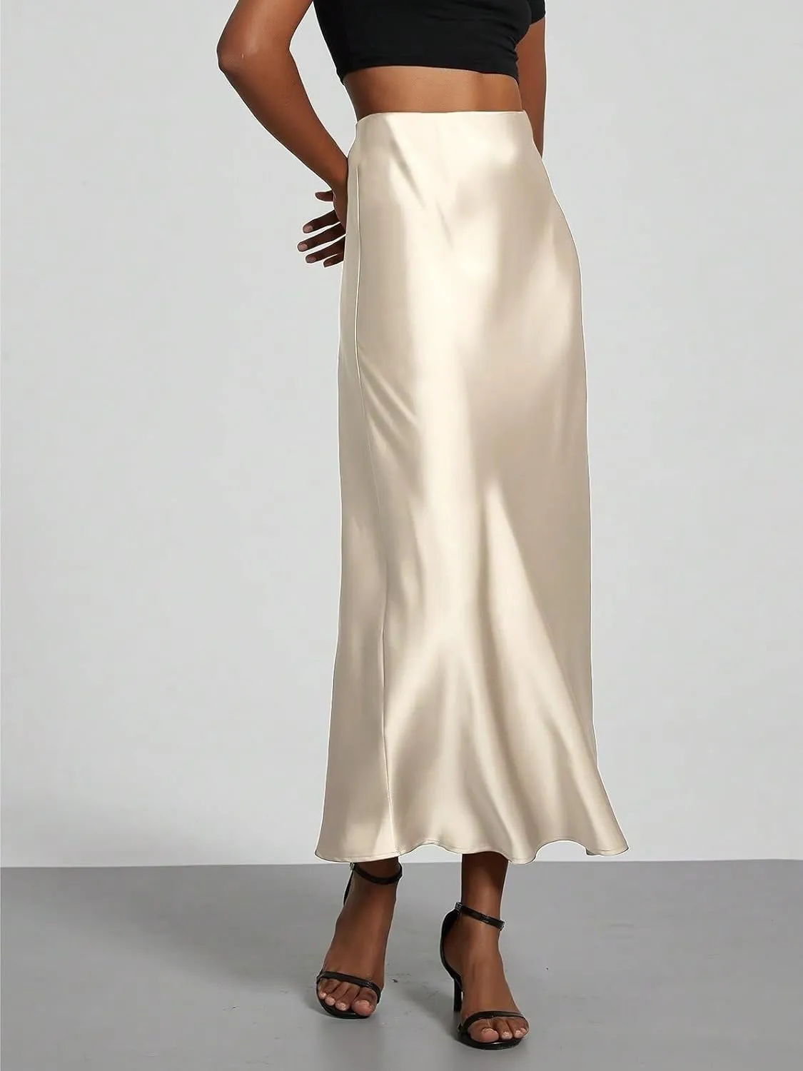 Beach Causal Women's Skirt Women's Elastic Satin Midi Skirt