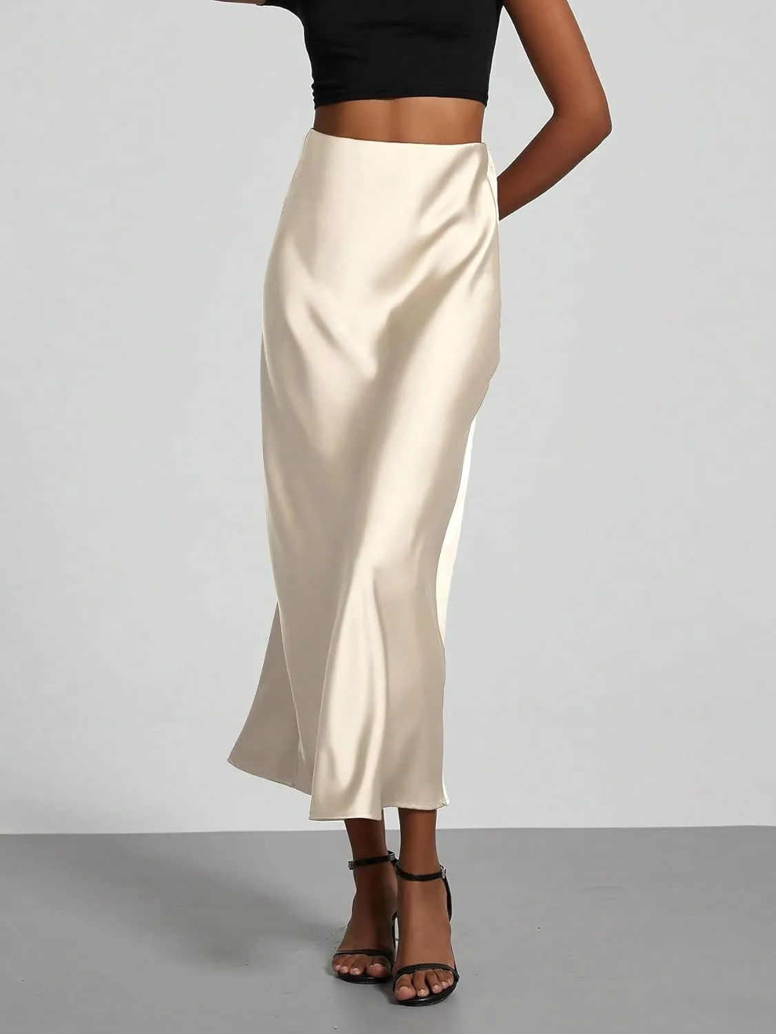 Beach Causal Women's Skirt Women's Elastic Satin Midi Skirt