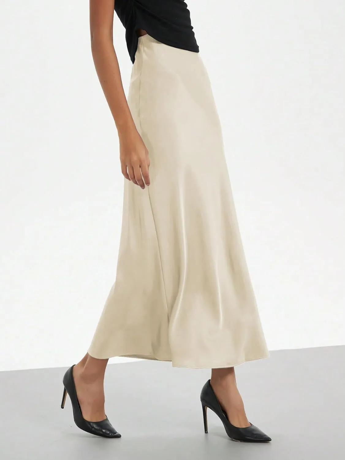 Beach Causal Women's Skirt Women's Elastic Satin Midi Skirt