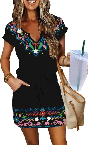 Beach Dress for Women Summer Boho Floral Short Sleeve T Shirt Dresses Casual Cover Ups Flowy Mini Dress