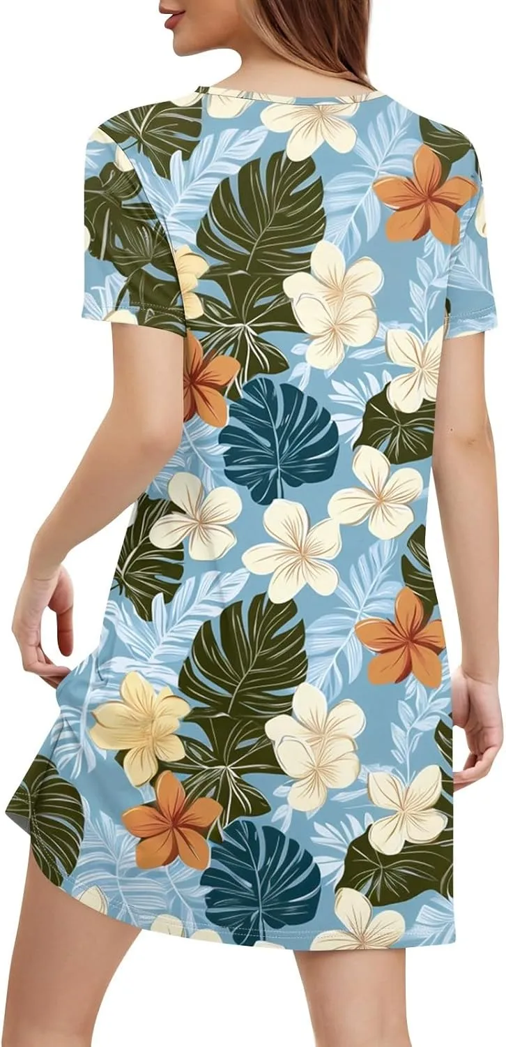 Beach Vocation Clothes for Women Casual Sundress Summer Beach Dress Floral T-Shirts Dress V Neck Loose Dresses