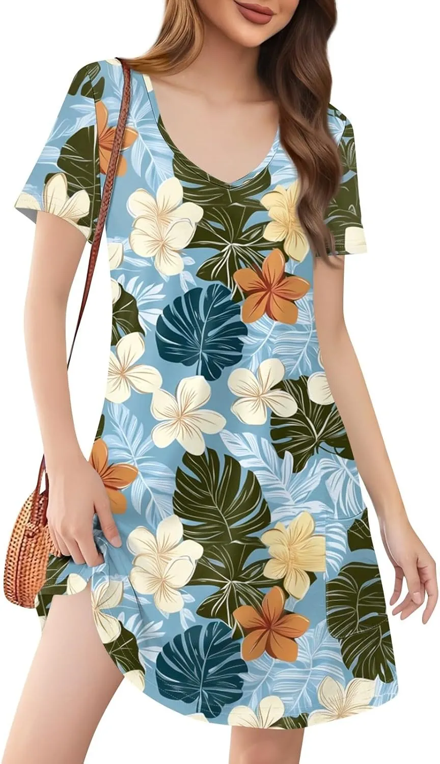 Beach Vocation Clothes for Women Casual Sundress Summer Beach Dress Floral T-Shirts Dress V Neck Loose Dresses