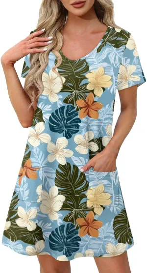Beach Vocation Clothes for Women Casual Sundress Summer Beach Dress Floral T-Shirts Dress V Neck Loose Dresses