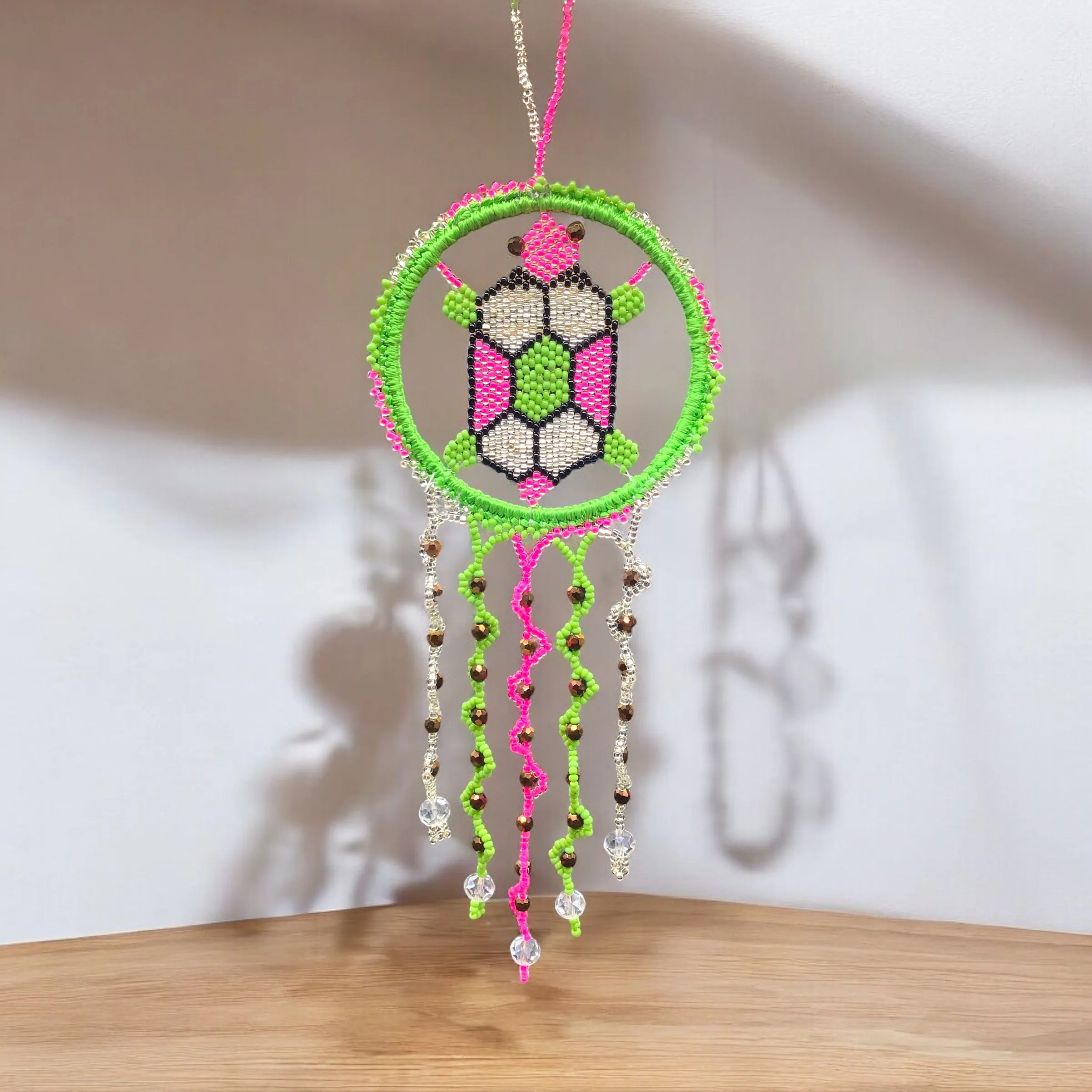 Beaded Turtle Ornament GREEN PINK