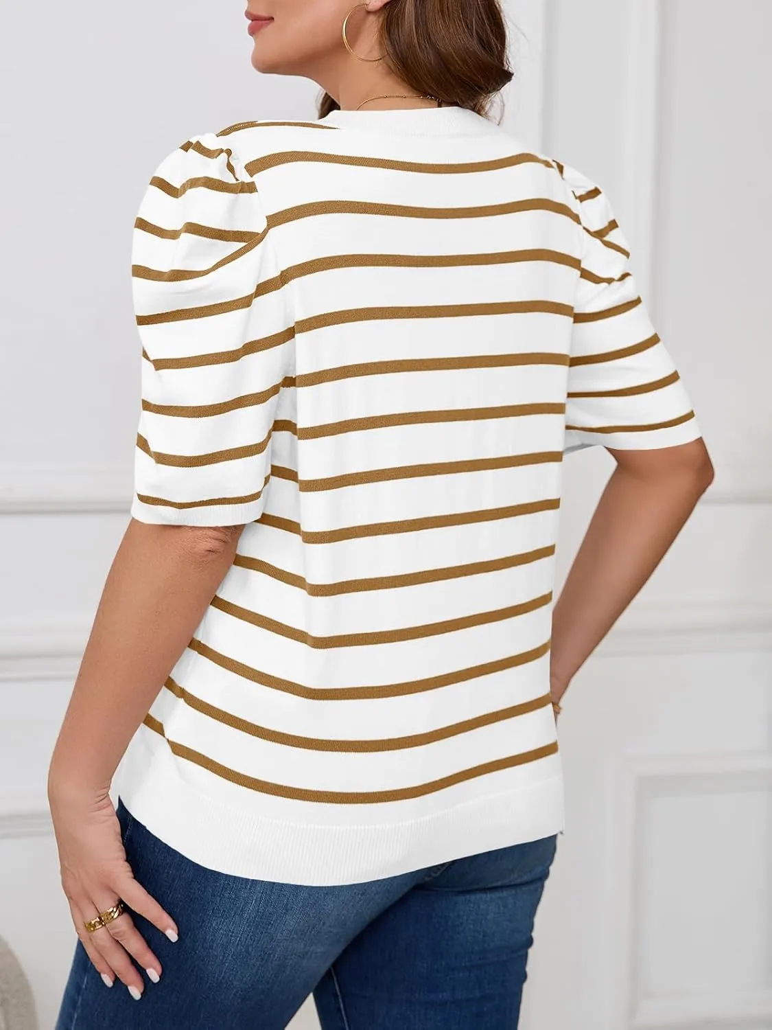 Beautife Womens Plus Size Short Puff Sleeve Sweater Tops Lightweight Striped T Shirts Summer Casual Crew Neck Knit Pullover