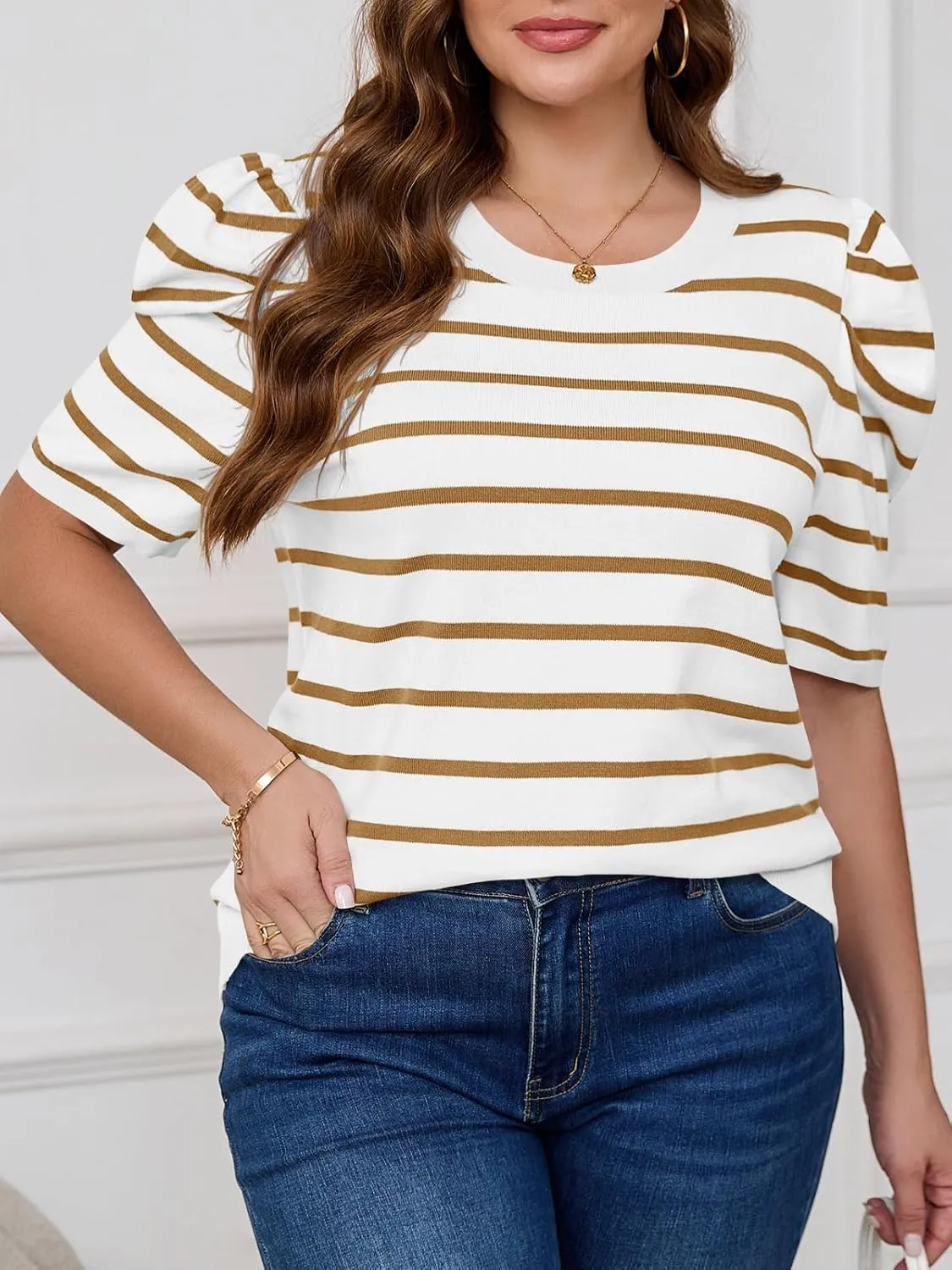 Beautife Womens Plus Size Short Puff Sleeve Sweater Tops Lightweight Striped T Shirts Summer Casual Crew Neck Knit Pullover