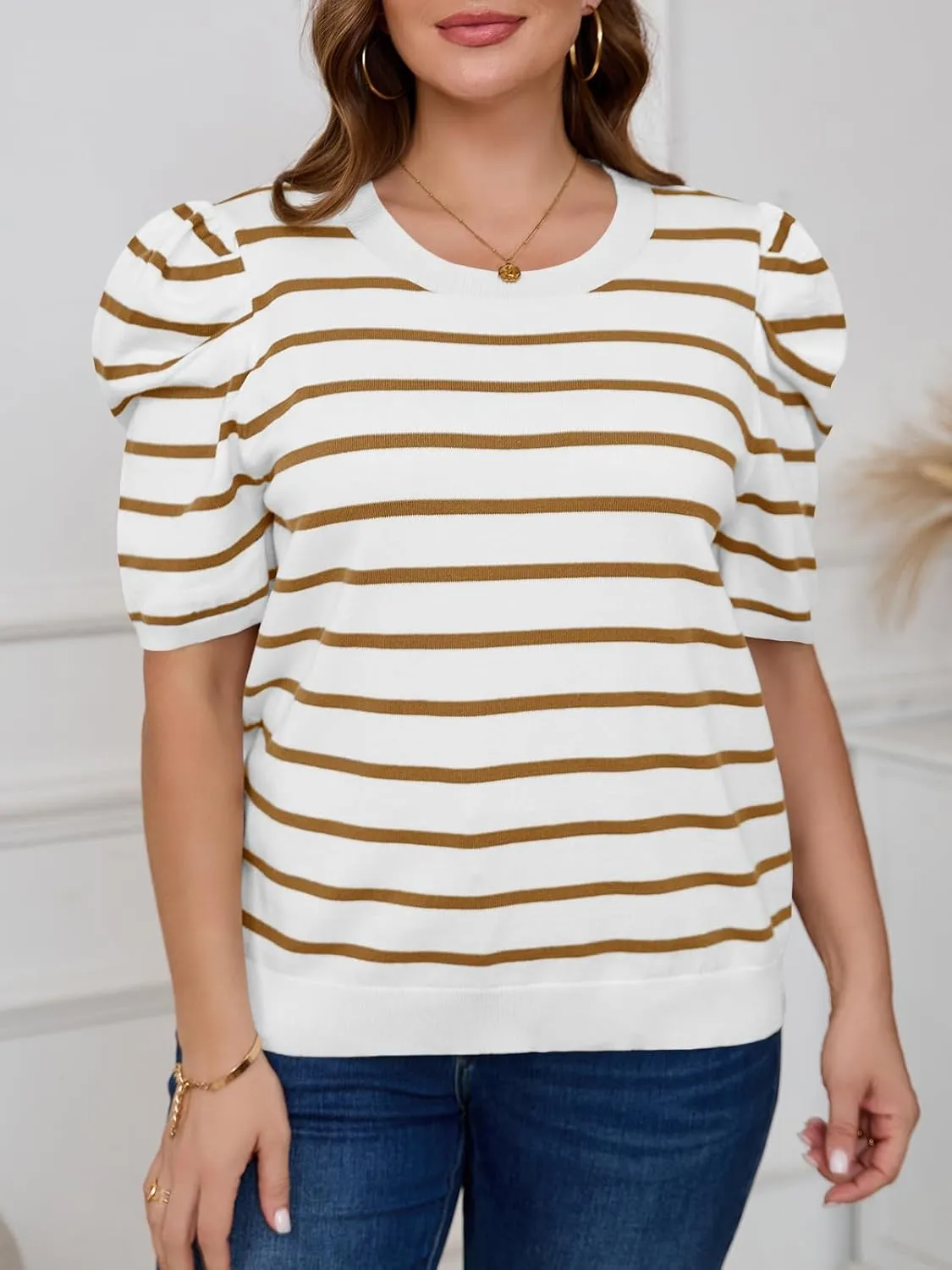 Beautife Womens Plus Size Short Puff Sleeve Sweater Tops Lightweight Striped T Shirts Summer Casual Crew Neck Knit Pullover