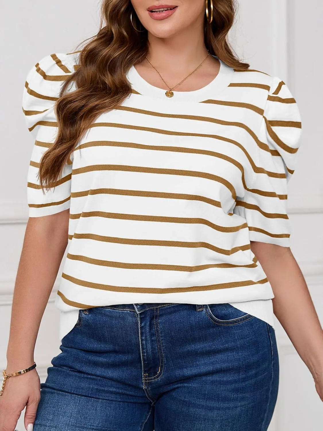 Beautife Womens Plus Size Short Puff Sleeve Sweater Tops Lightweight Striped T Shirts Summer Casual Crew Neck Knit Pullover