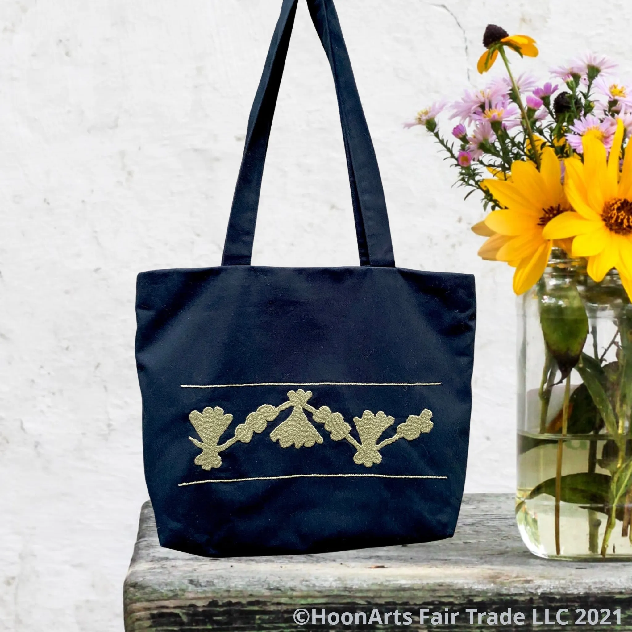 Black & Taupe Hand Embroidered "Retro" Tote Bag