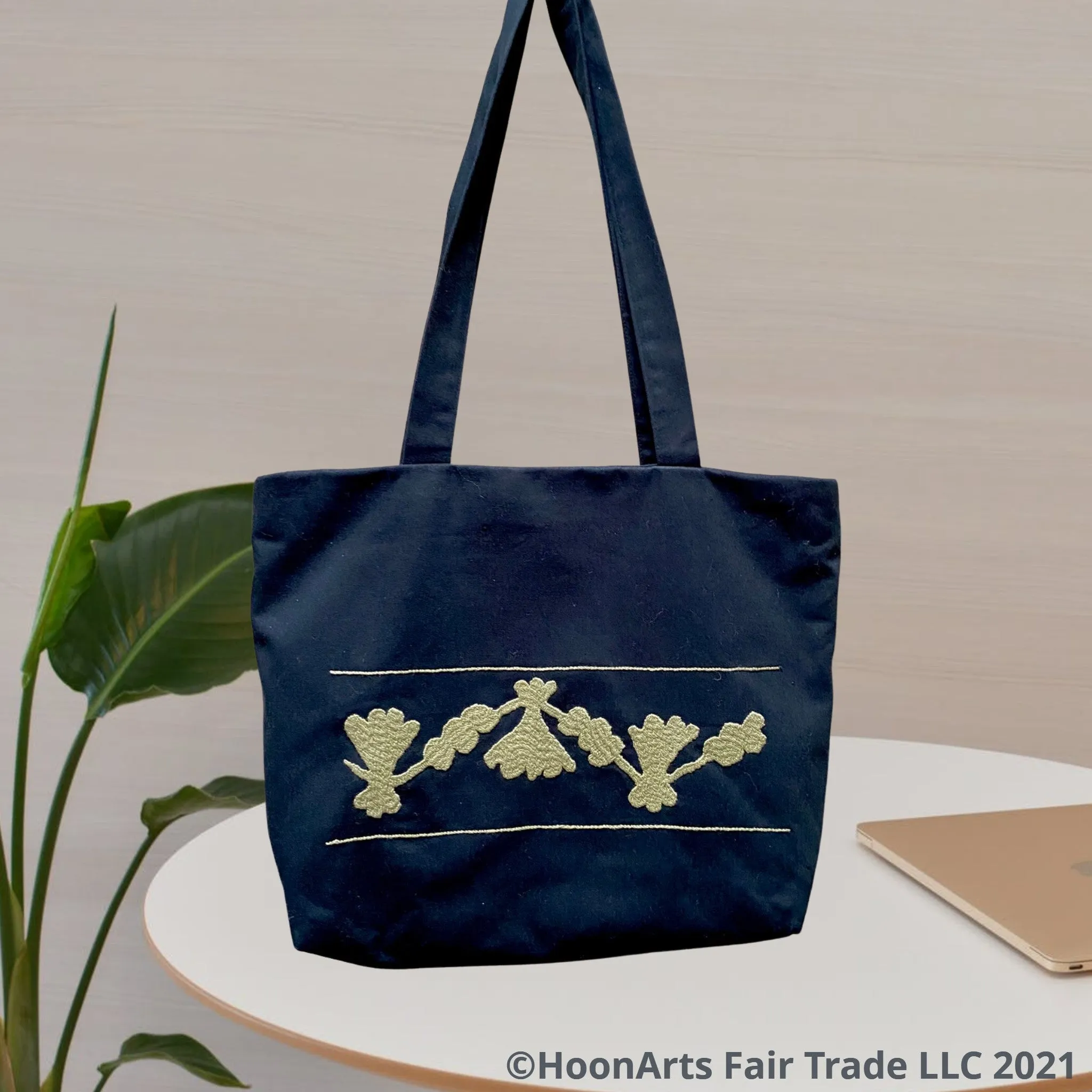 Black & Taupe Hand Embroidered "Retro" Tote Bag