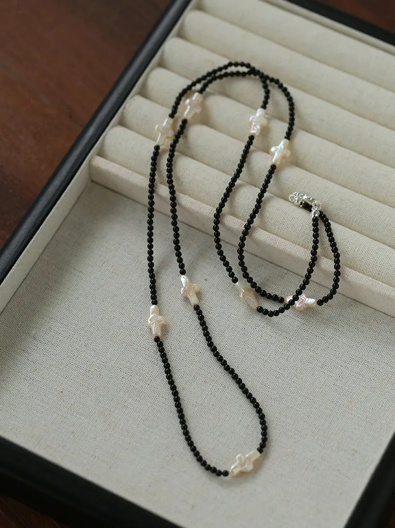 Black Onyx Cross Baroque Pearl Long Beaded Necklace
