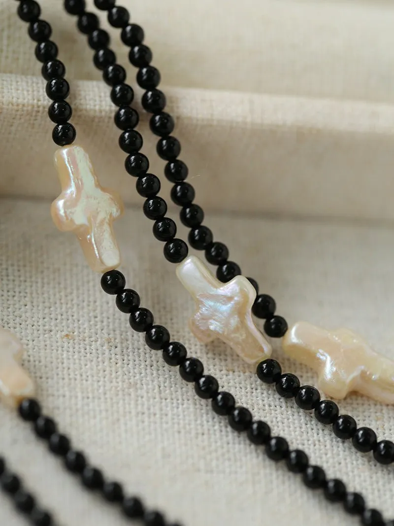 Black Onyx Cross Baroque Pearl Long Beaded Necklace