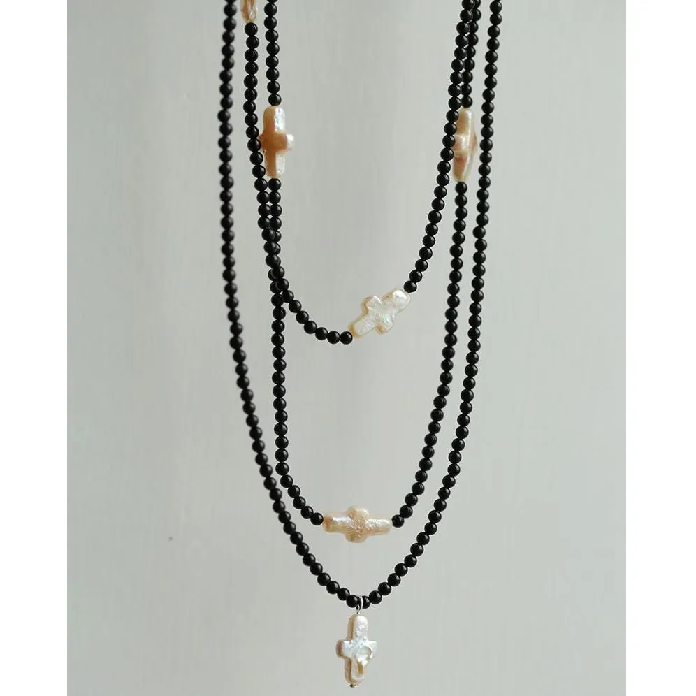 Black Onyx Cross Baroque Pearl Long Beaded Necklace