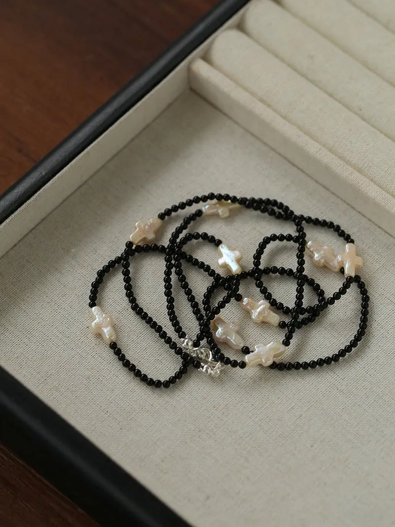 Black Onyx Cross Baroque Pearl Long Beaded Necklace