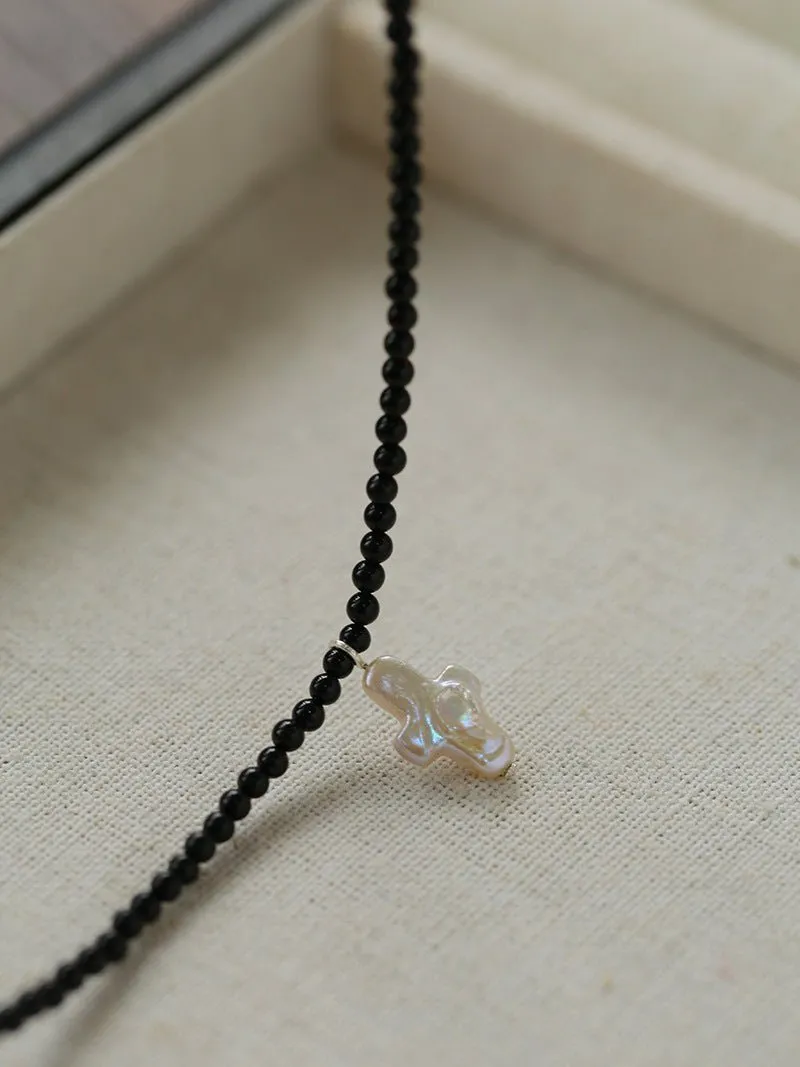 Black Onyx Cross Baroque Pearl Long Beaded Necklace
