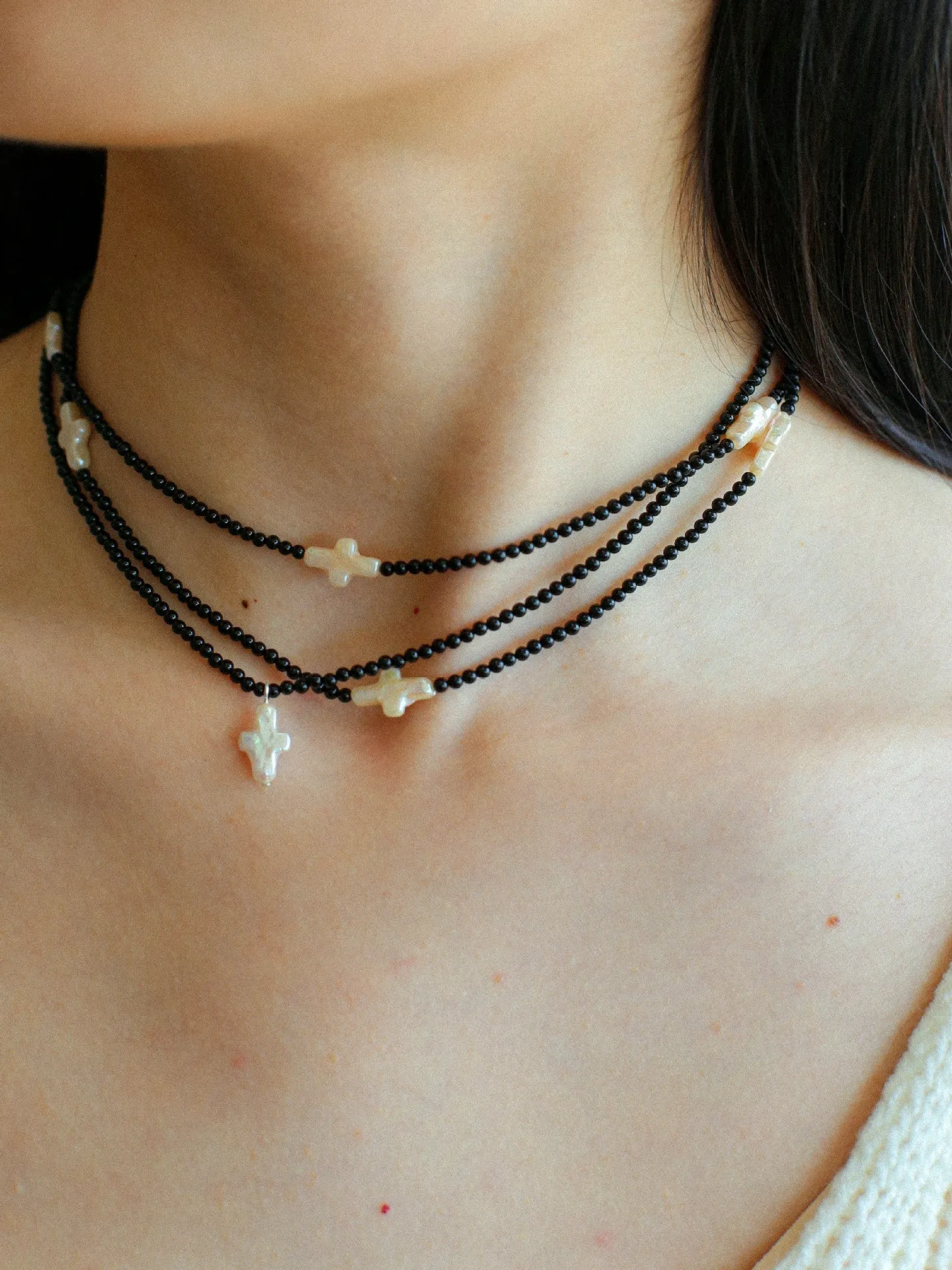 Black Onyx Cross Baroque Pearl Long Beaded Necklace