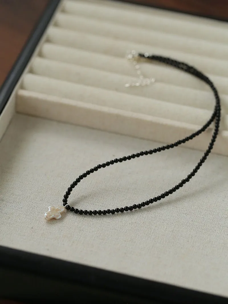 Black Onyx Cross Baroque Pearl Long Beaded Necklace