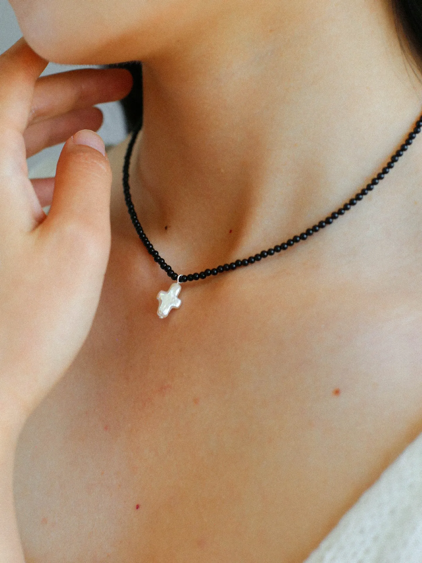Black Onyx Cross Baroque Pearl Long Beaded Necklace