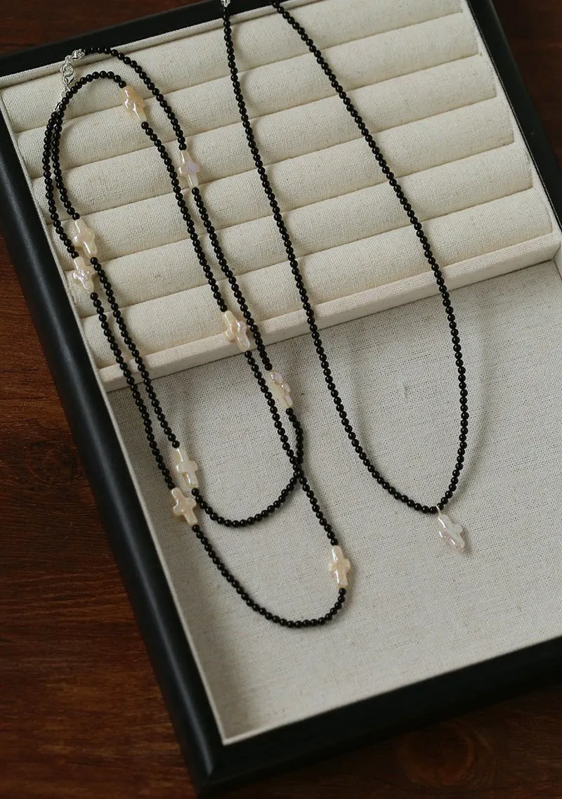 Black Onyx Cross Baroque Pearl Long Beaded Necklace