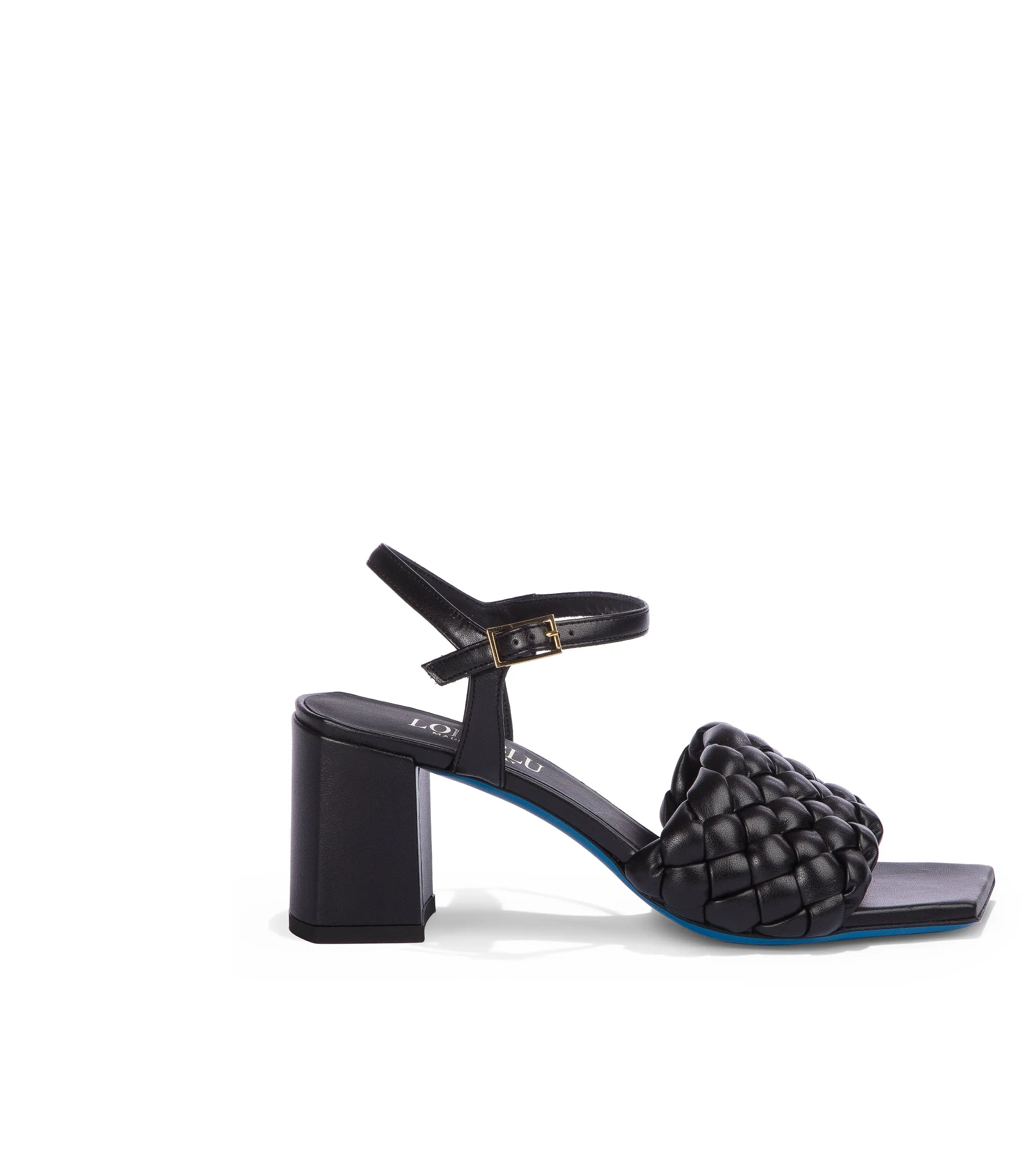 Black woven faux leather sandals