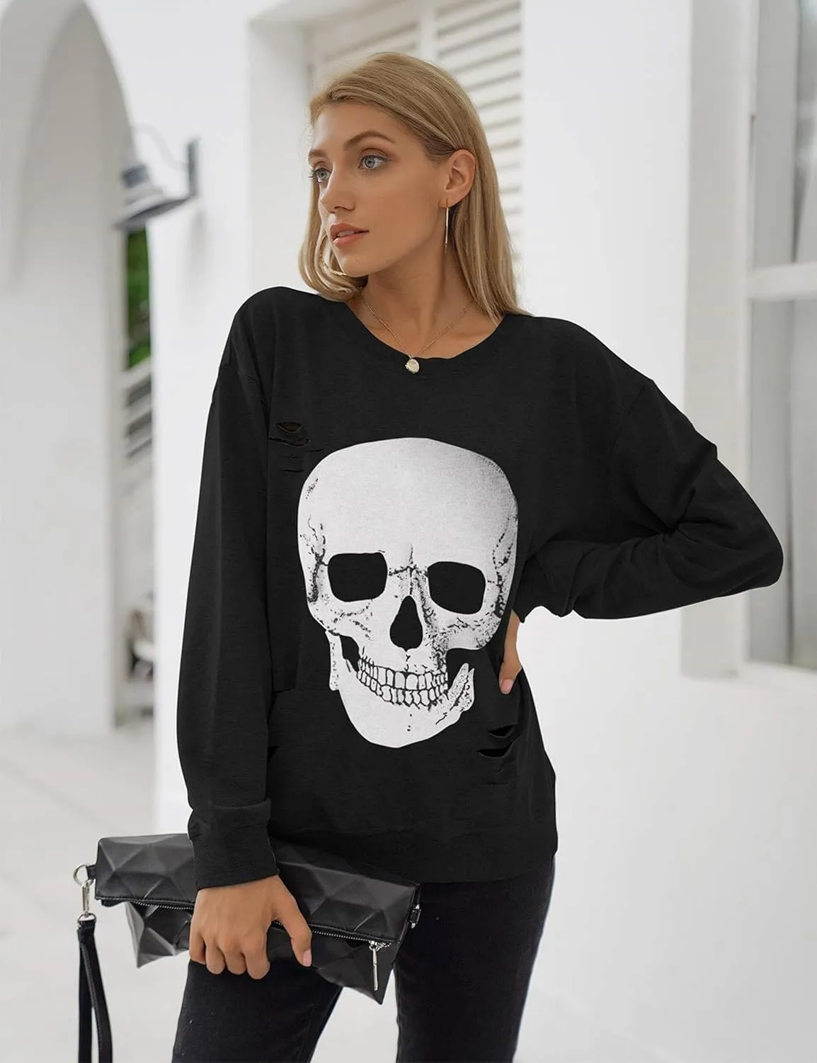 Blooming Jelly Women's Halloween Sweatshirts Skull Graphic T Shirts Long Sleeve Pullover Tops Gothic Fall Clothes 2024