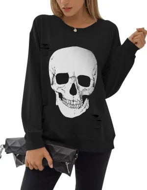 Blooming Jelly Women's Halloween Sweatshirts Skull Graphic T Shirts Long Sleeve Pullover Tops Gothic Fall Clothes 2024