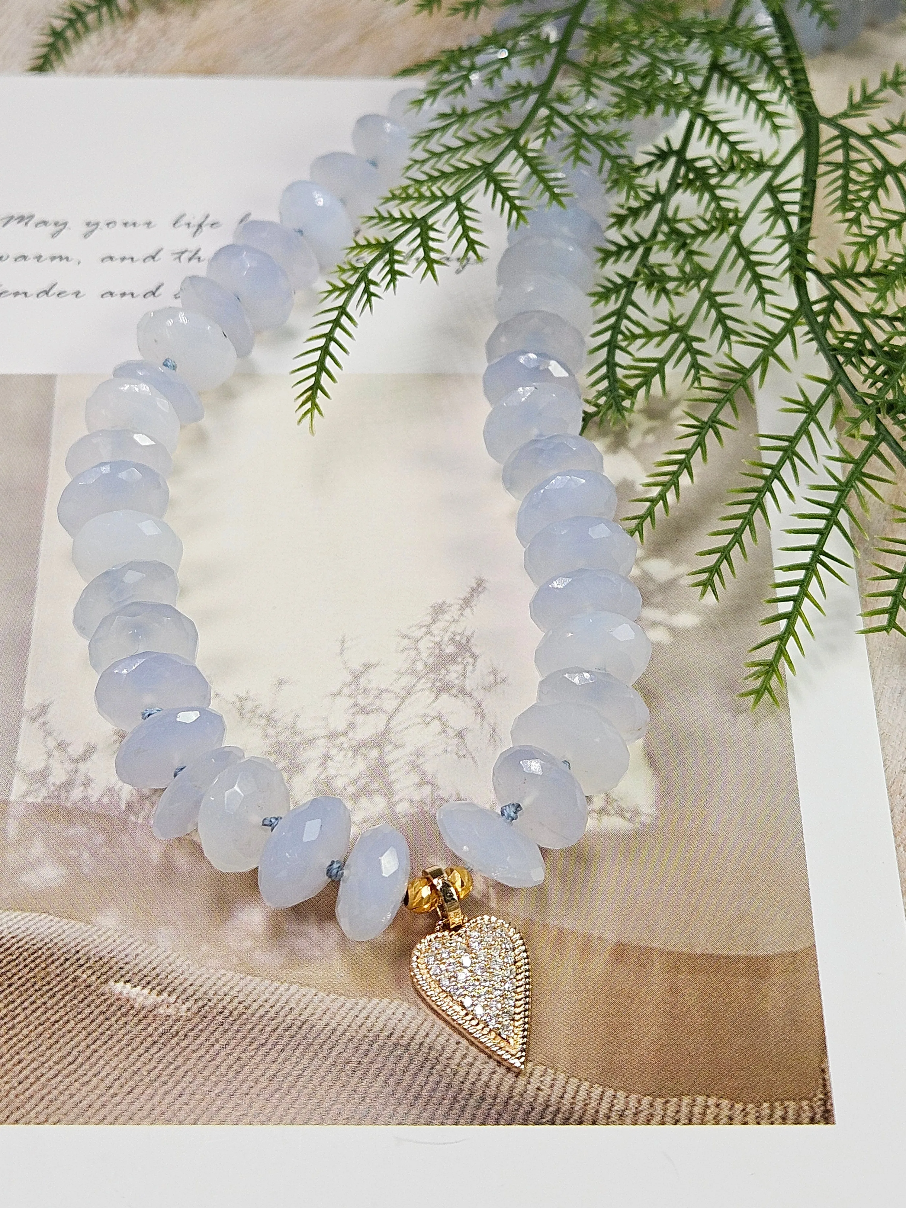 Blue Chalcedony Necklace with Diamond Pave Heart Pendant 18K Yellow Gold