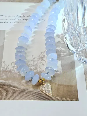 Blue Chalcedony Necklace with Diamond Pave Heart Pendant 18K Yellow Gold