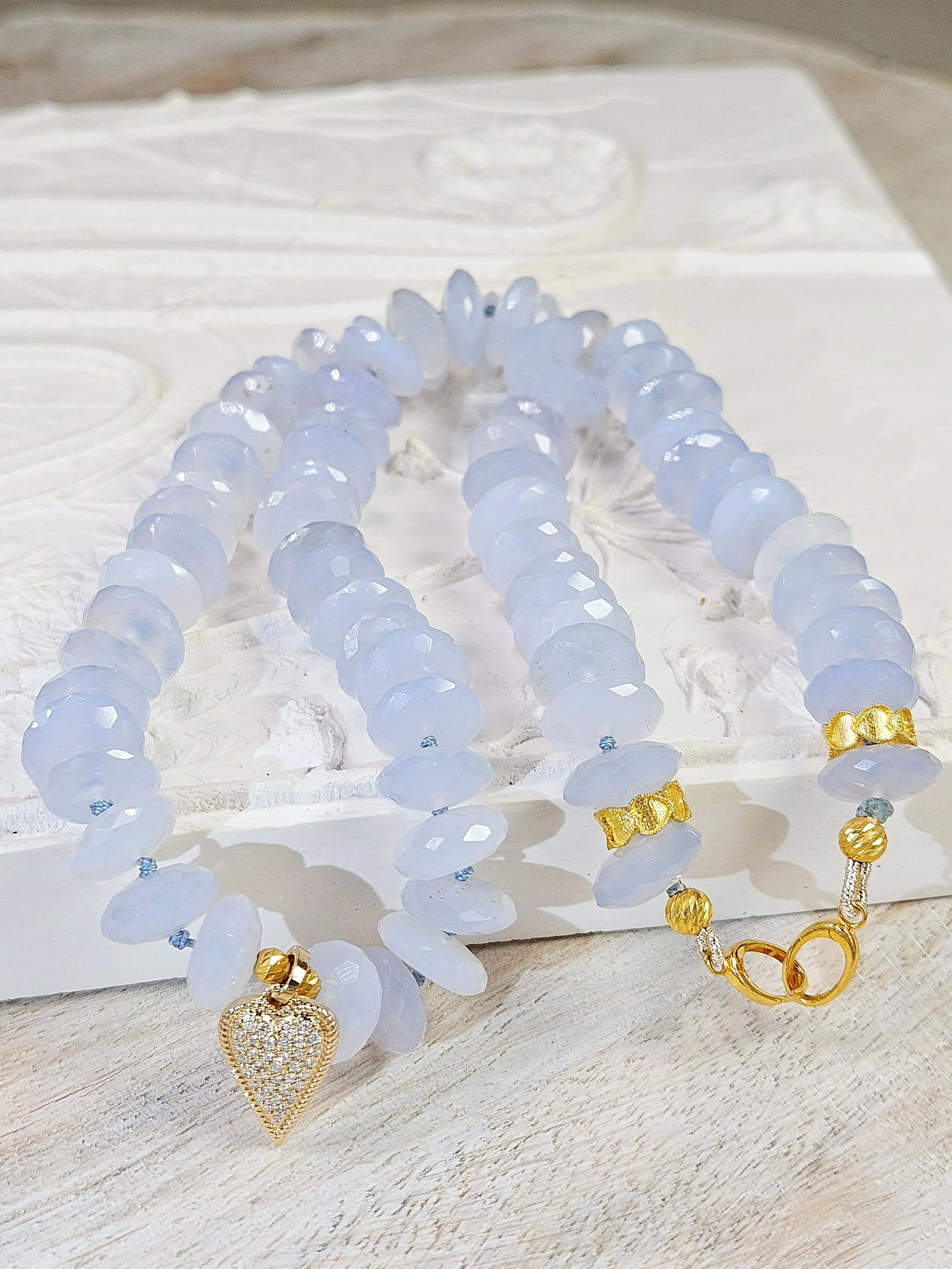 Blue Chalcedony Necklace with Diamond Pave Heart Pendant 18K Yellow Gold